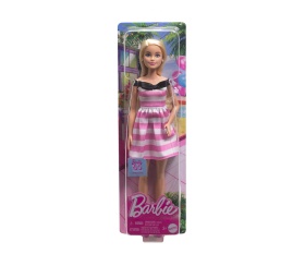 Barbie - Колекционерска кукла: 65-та годишнина, рокля с бели и розови райета